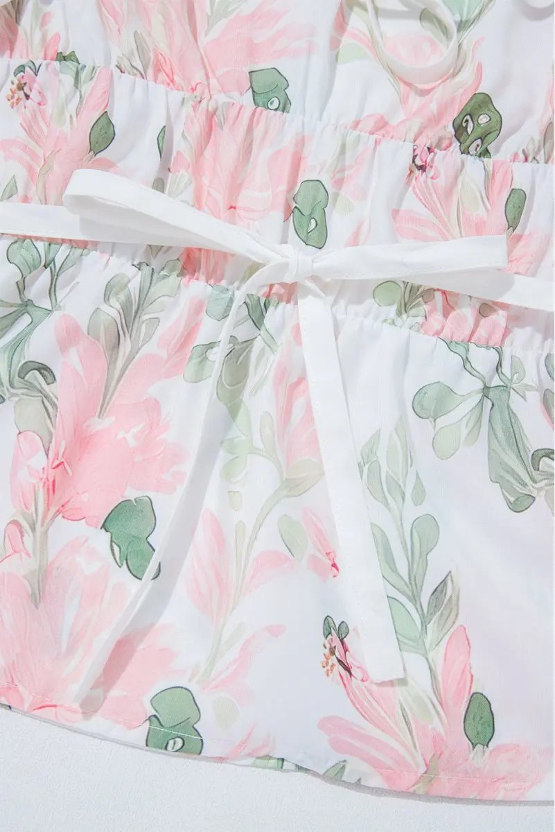 Pink Floral Puff Sleeve V Neck Tied Front Peplum Blouse - Love Salve